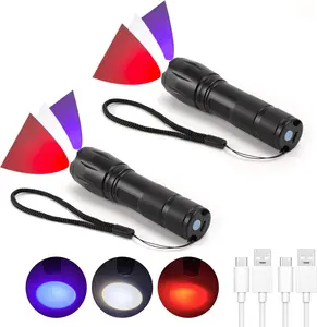 2 Pack LED Rechargeable Red Flashlight, LED Small 395 NM Black Flashlight with Memory Function, Super Bright Zoomable Red Light Black Lights Flashlights with USB C  for Camping Hiking