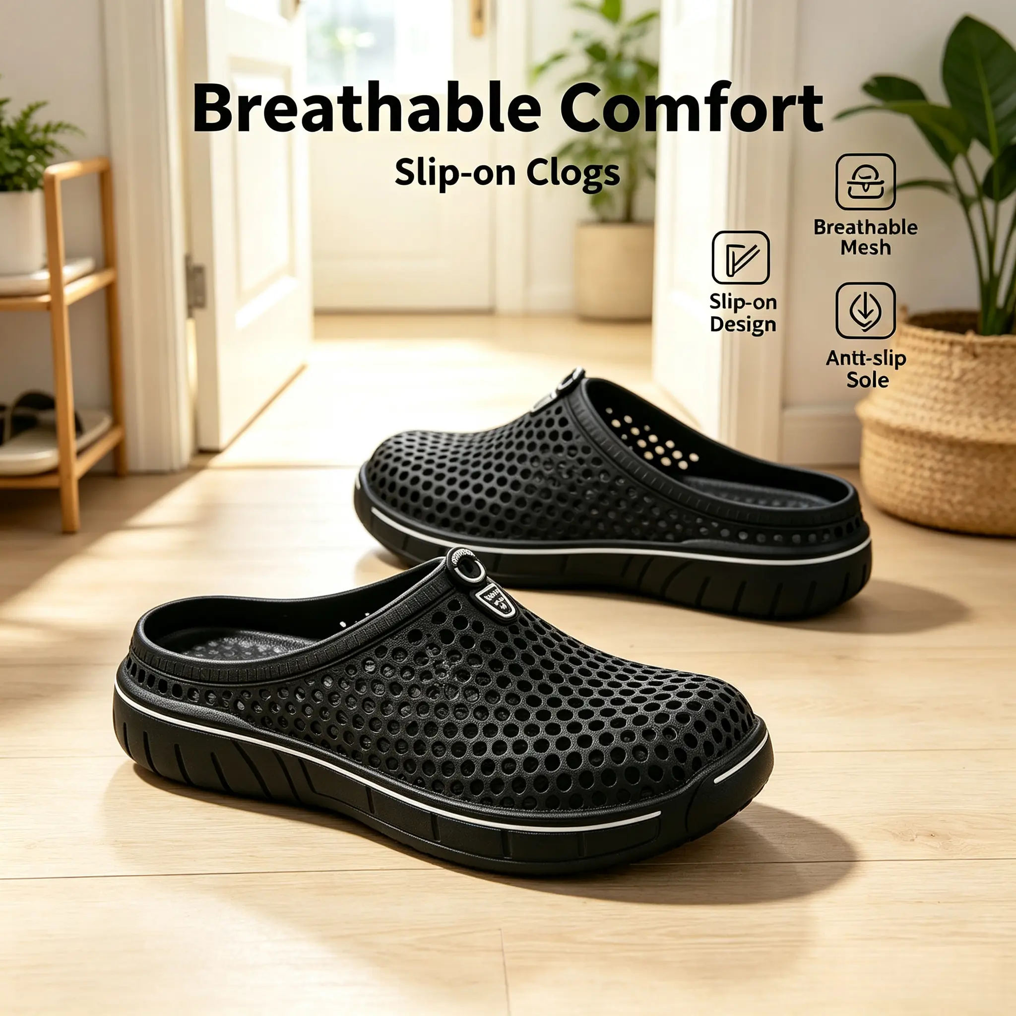 Quick Dry Hollow Slip On Clogs Men Women, Breathable Non Slip Beach Shower Platform Slides