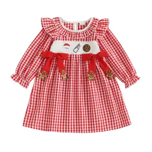 Babamoon Kids Baby Girls Christmas Dress Bow Long Sleeve Dress Santa Plaid Embroidery Gingerbread Man Fall Dress
