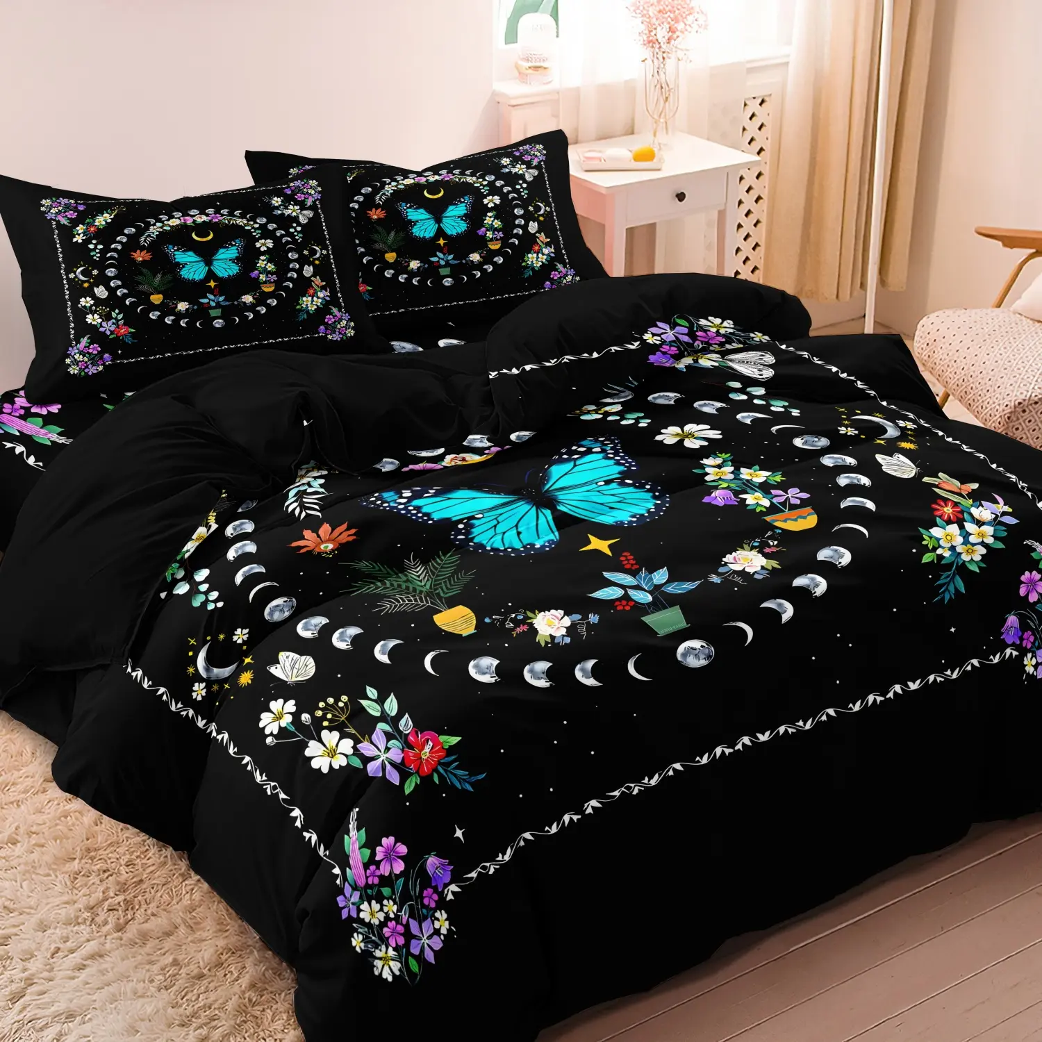 3pcs Mystical Floral And Celestial Design Bedding Se,Pink Roses And Crescent Moon Digital Printing Duvet Cover,(Including 1 Duvet Cover & 2 Pillowcases,No Core),Printed Bedding Set For Home Bedroom Hotel, Duvet Cover Sets
