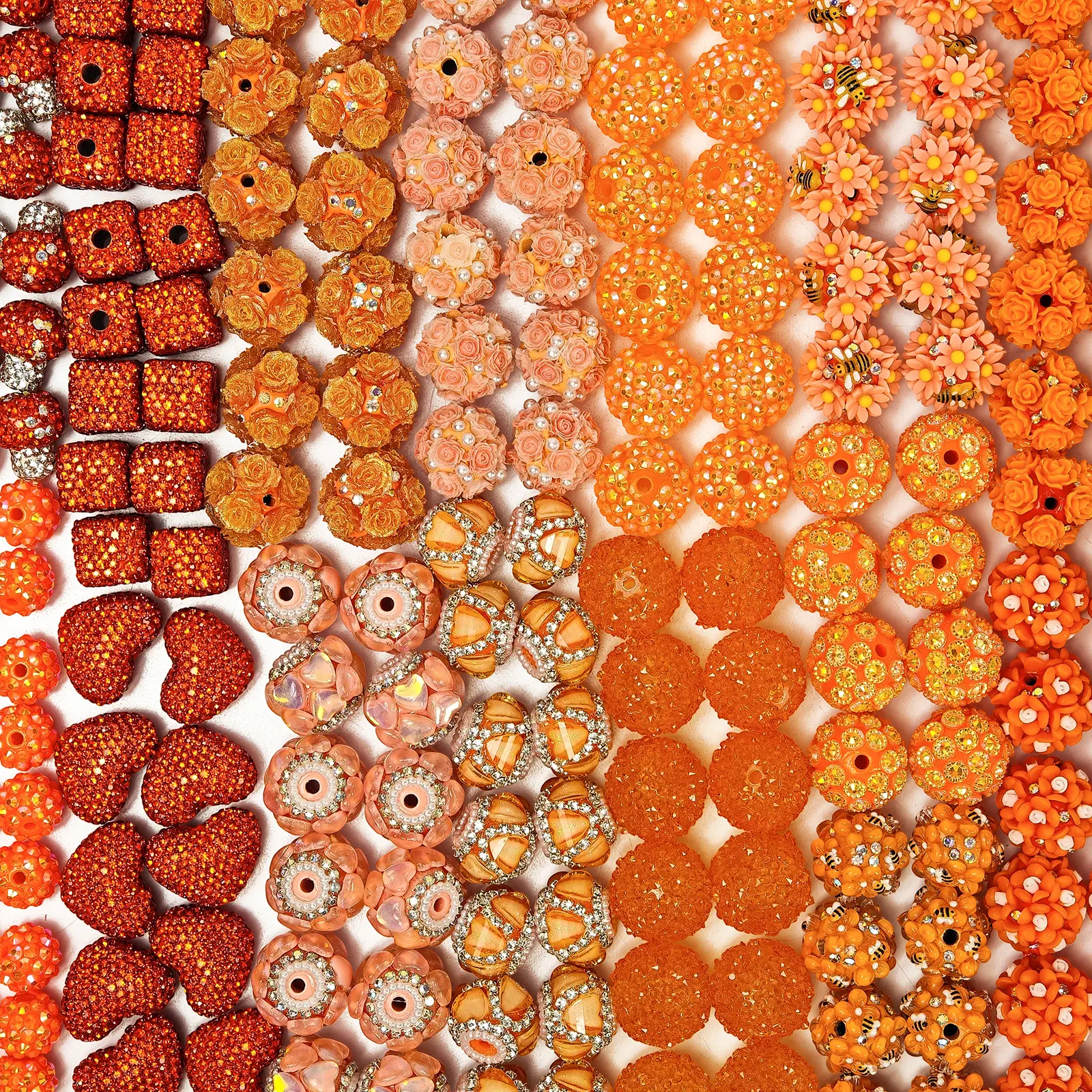 10pcs autumn orange-tone resin bead mix, with rhinestone-studded 3D flower, heart, and bee shapes. High-shine translucent handmade bead accessories. DIY materials for decorative pen charms and ornament crafting.