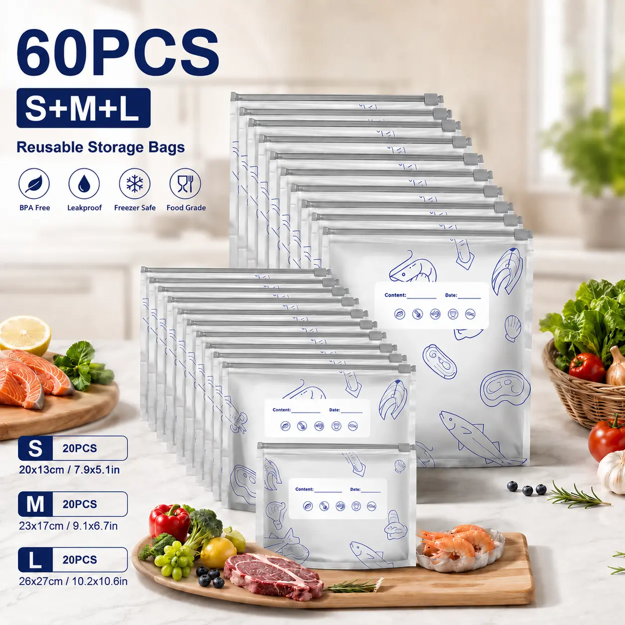 【TikTokShopBlackFriday】New reusable upgraded thickened upright aluminum foil sealing storage bags, with labels and zipper locks, suitable for washable kitchen items like vegetables, fruits, and meat, perfect for Thanksgiving, Christmas, and New Year gifts