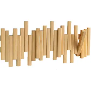 Minboo Bamboo Multi Hook Coat Rack – Modern, Unique, Space-Saving Coat Hanger with 4 Flip-Down Hooks for Hanging Coats, Christmas Decorations,Bamboo