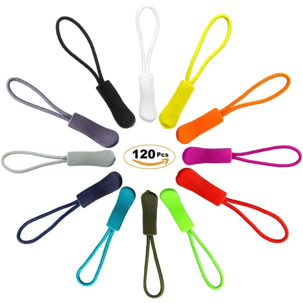 120 count Zipper Pulls Zipper Extension Pulls Nylon Cord Zipper Tag Replacement for Clothes, Backpacks, Traveling Case, Handbag, Purse Zipper Replacement Tag Tents (12 colors)