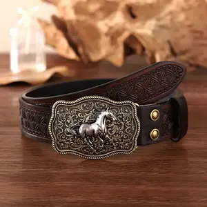 1pc Men's Western Cowboy Style Casual Belt, Fashion Embossed Horse Buckle Belt Christmas Gift