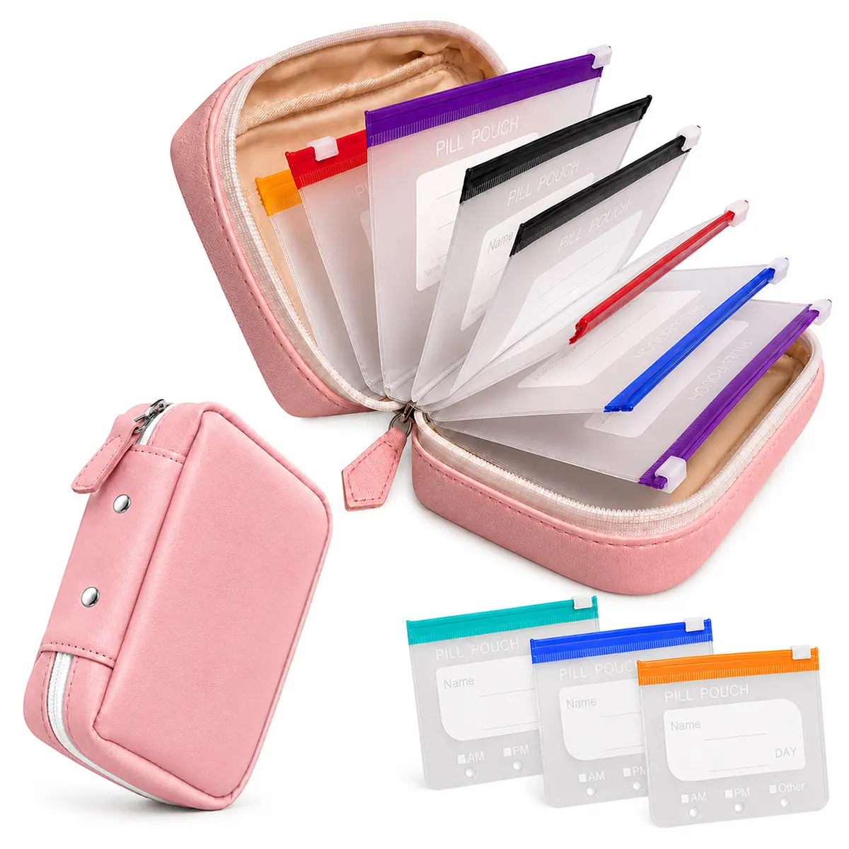A8 Pill Pouch for Travel, Waterproof Binder Pill Organizer Set, 14 Color-Coded Airtight Reusable Zipper Pouches, Large Weekly Travel Storage for Daily Medicine, Vitamins & Fish Oils