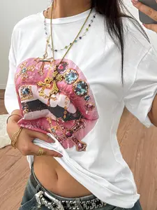 Women's Lip & Cross Print Round Neck Tee, Fashion Casual Crew Neck Fitted T-Shirt for Daily Holiday Vacation Outdoor Wear, Ladies Clothes for Summer, Tops, Womenswear