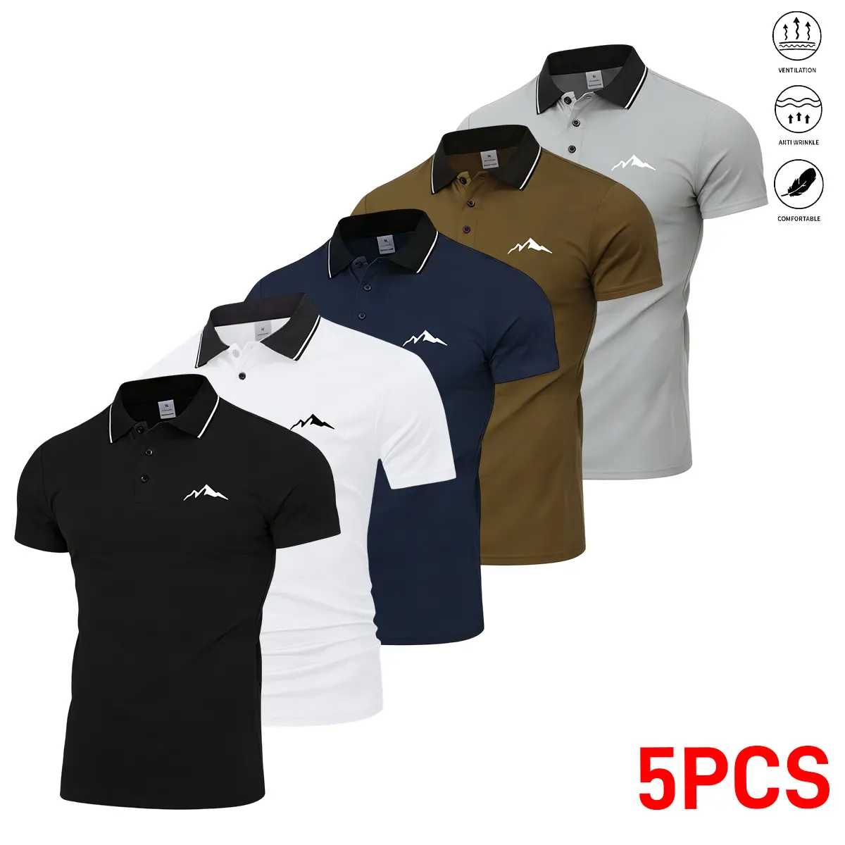 5PCS Men’s Classic Polo Shirts – Contrast Collar Short Sleeve, Casual Solid Color, Fashion Print; Stretch, Quick Dry, High Performance Golf/Outdoor Work Polo Shirts; Men’s Tops