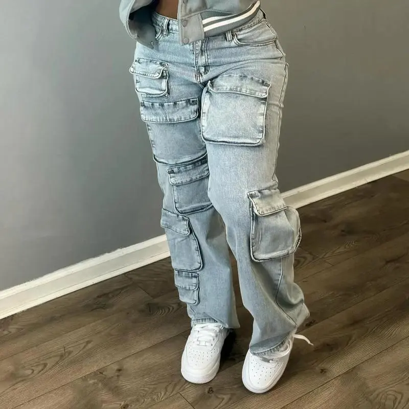 2025 New Arrival Fashion Baggy Cargo Pants Women High Waist Blue Multi Pockets Ladies Jean Trousers
