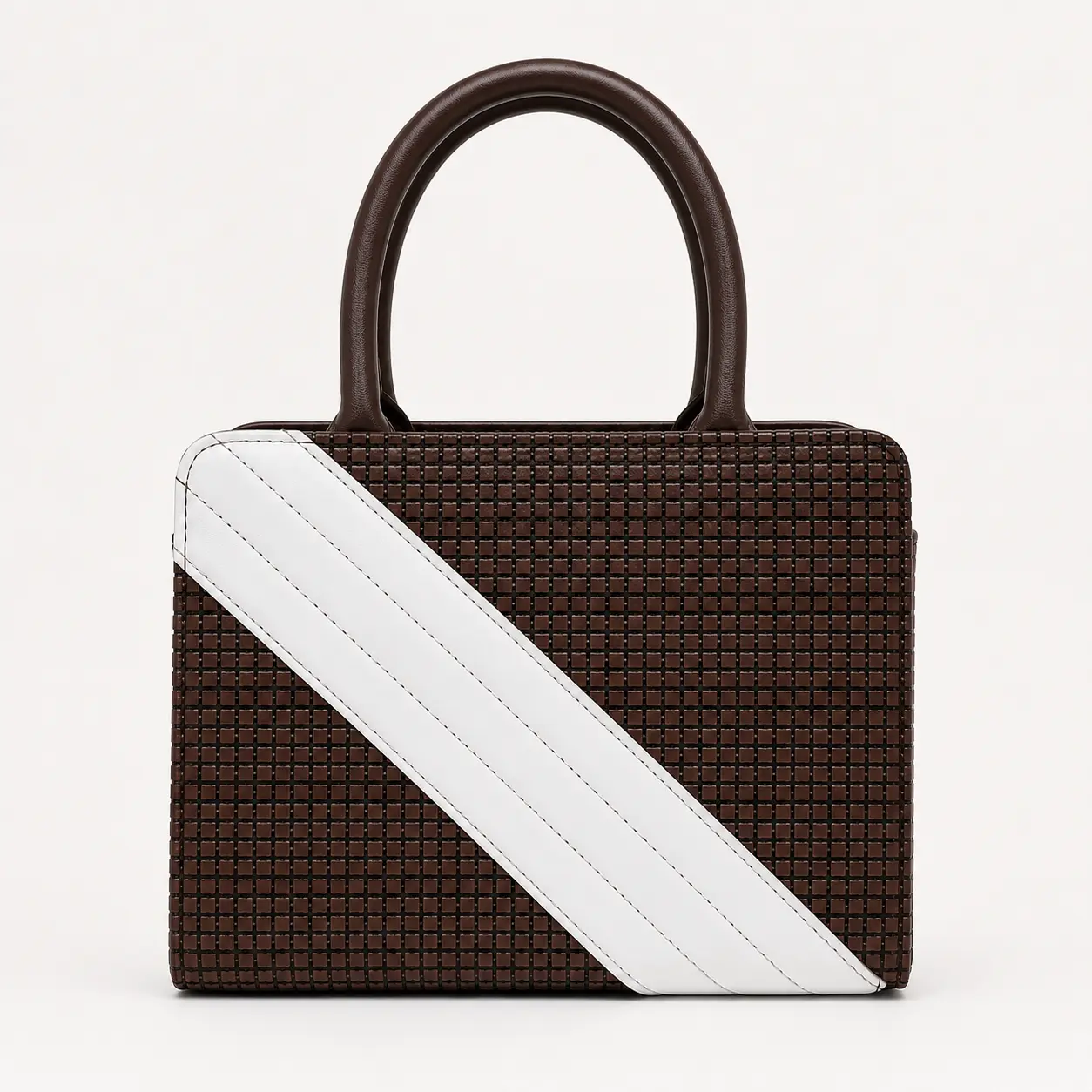 Women’s Chocolate Brown Woven Top Handle Handbag, Structured Faux Leather Satchel with White Diagonal Colorblock Detail, Modern Statement Purse for Work, Brunch, Travel & Daily Wear erin bag ita casual everyday hobo horse clementine
