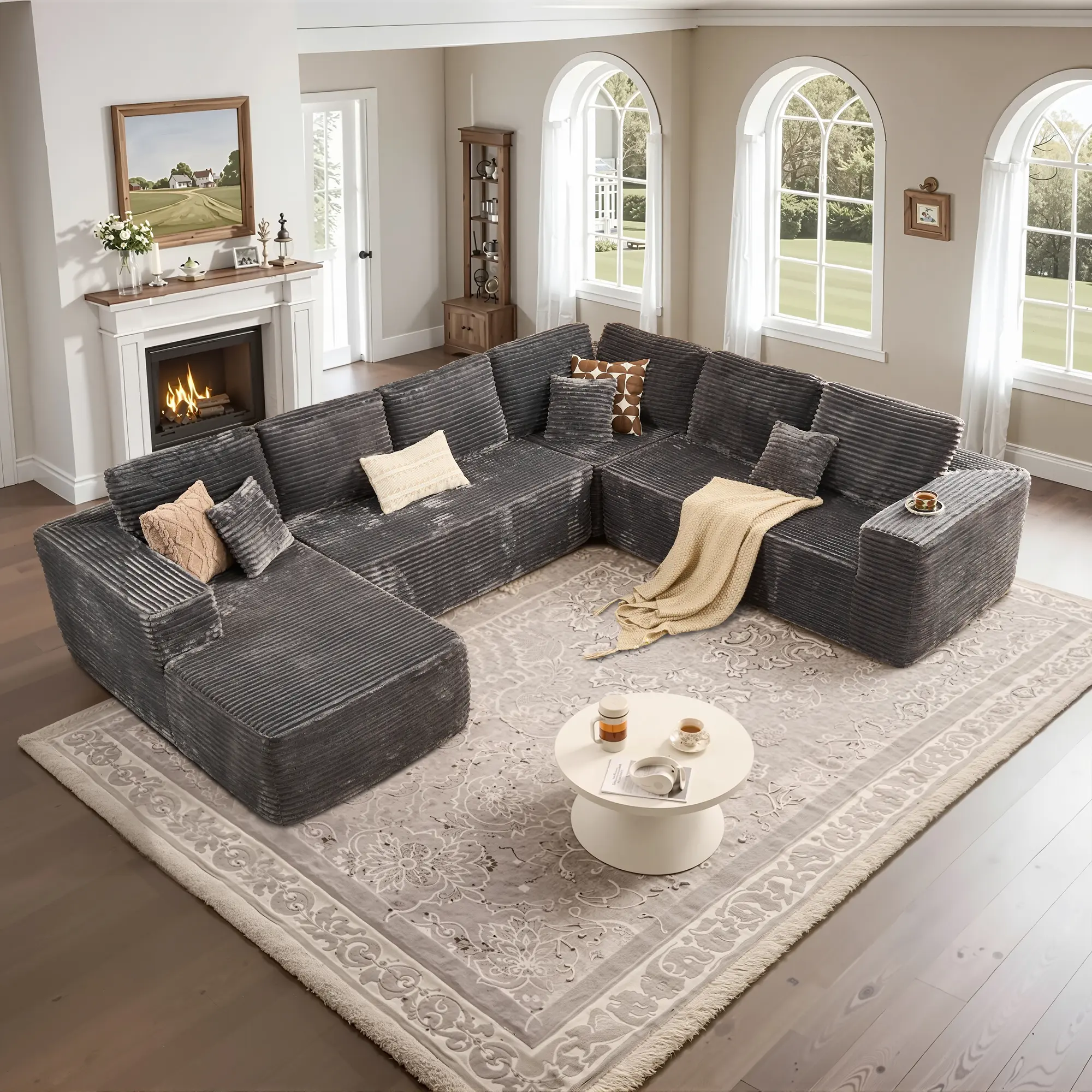 Grey Plush Corduroy Left Chaise