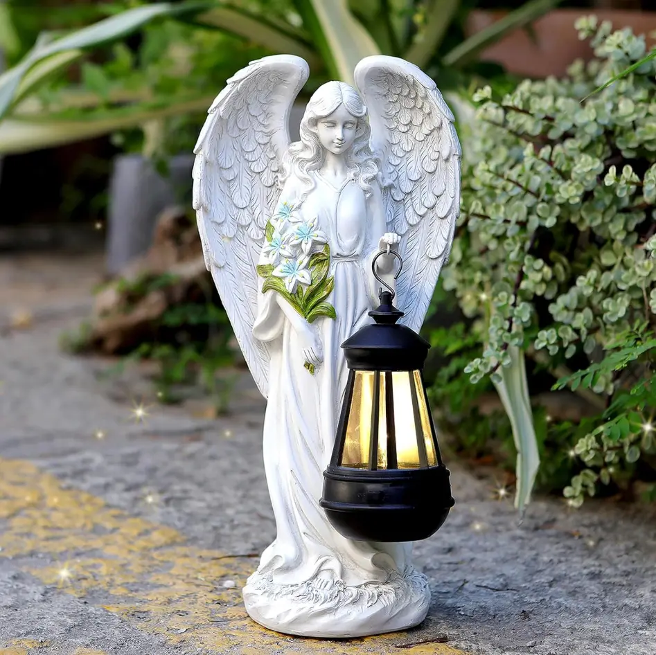 Solar Powered Angel Garden Statue, White Resin Angel Figurine Holding a Flower Bouquet, Memorial Yard Ornament, Patio Lawn Decor Solar Powered Angel Garden Statue,Angel Figurine Holding a Flower Bouquet,Memorial Yard Ornament, Patio Lawn Decor