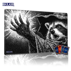 Anthropomorphic Raccoon Wizard Magic Playmat - 12x24in Non-Slip, Perfect for TCG MTG Card Games, Family Gathering & Gift, High Contrast Line Art Design