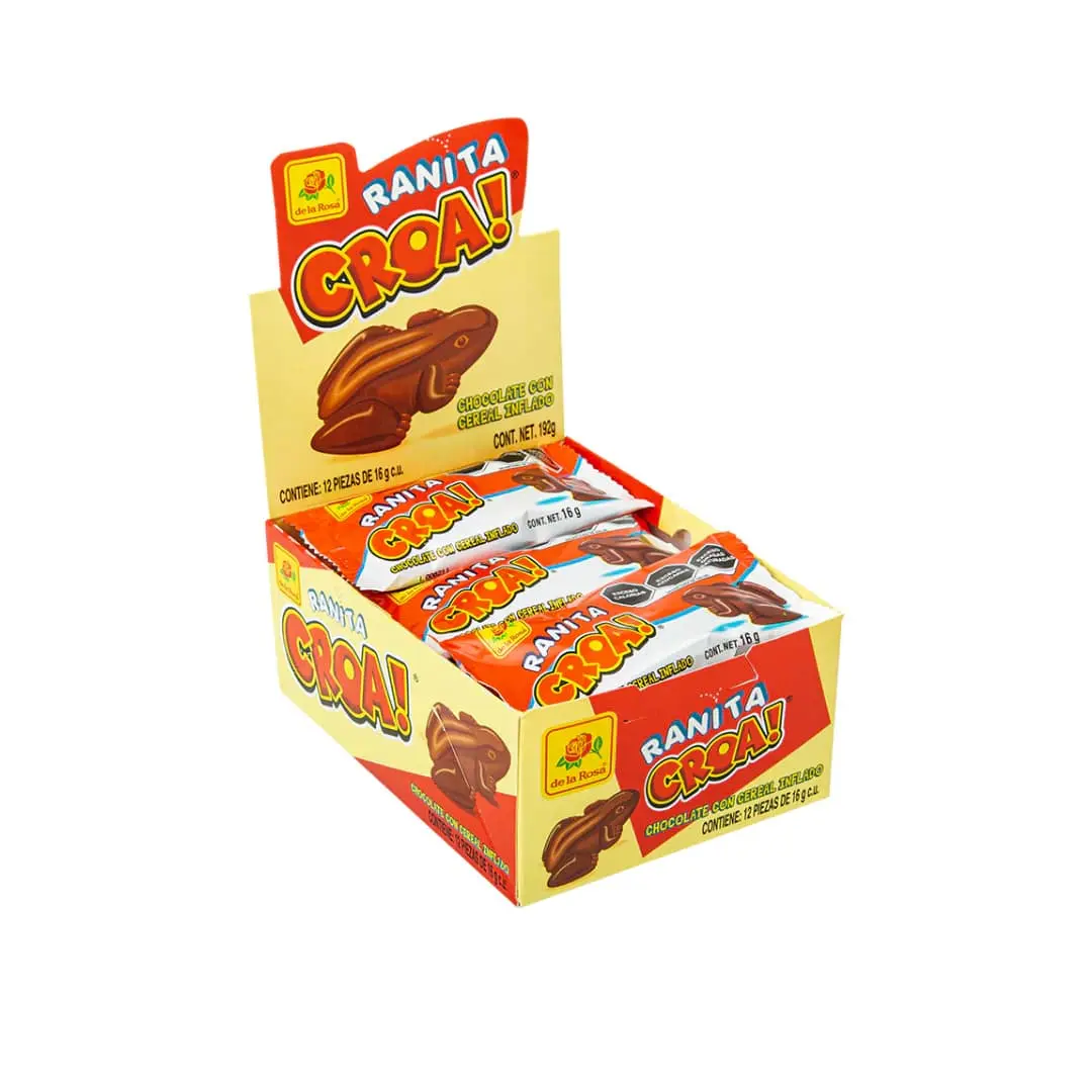 Ranita Croa Frog Shaped Chocolate con Cereal Inflado Fine Milk Chocolate with Puffed Rice Snack By DLR 12 Pieces