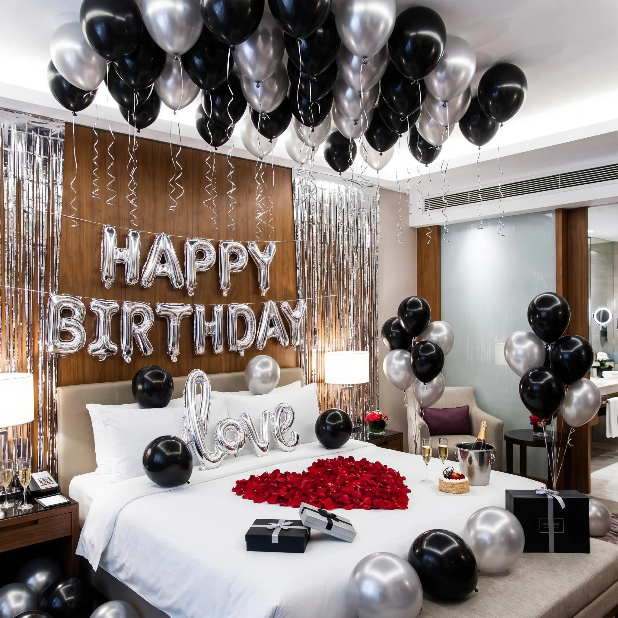 575pcs Silver & Black Reflective Metallic Birthday Decoration Set - 500 Nonwoven Fabric Petals, Happy Birthday Banner Letters, Aluminium Love Heart Foil Balloons, Thick Latex Balloons, Dark Aesthetic Background for Romantic Bedroom Decor, Wall, Multiple C
