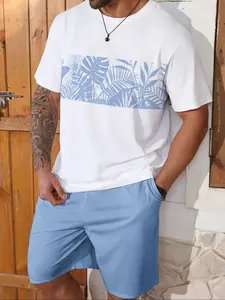【Plus Size】 Men's Palm Tree Print Tropical Short Sleeve Tee & Shorts Set, Regular Fit Casual Round Neck T-shirt & Shorts, Men's for Summer Beach Vacation
