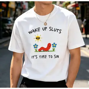 Unisex Trendy Slogan T-Shirt, Cute Worm & Sun Design, Soft Cotton Casual Tee for All Genders, Funny Gift for Him & Her