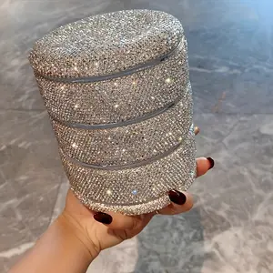 1pc Light Luxury Three Layer Rotating Jewelry Box With Artificially Inlaid Diamonds, Exquisite Small Jewelry Storage Box, Desktop Sorting Box