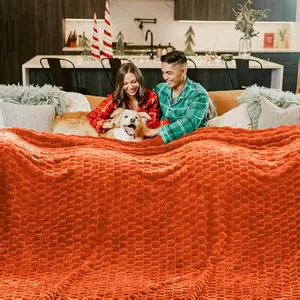 Oversized King Size Burnt Orange 3D Jacquard Blanket 120x120 inches Premium 300GSM Microfiber Flannel BlanketSoft Cozy for Couch Sofa Bed Home Decor