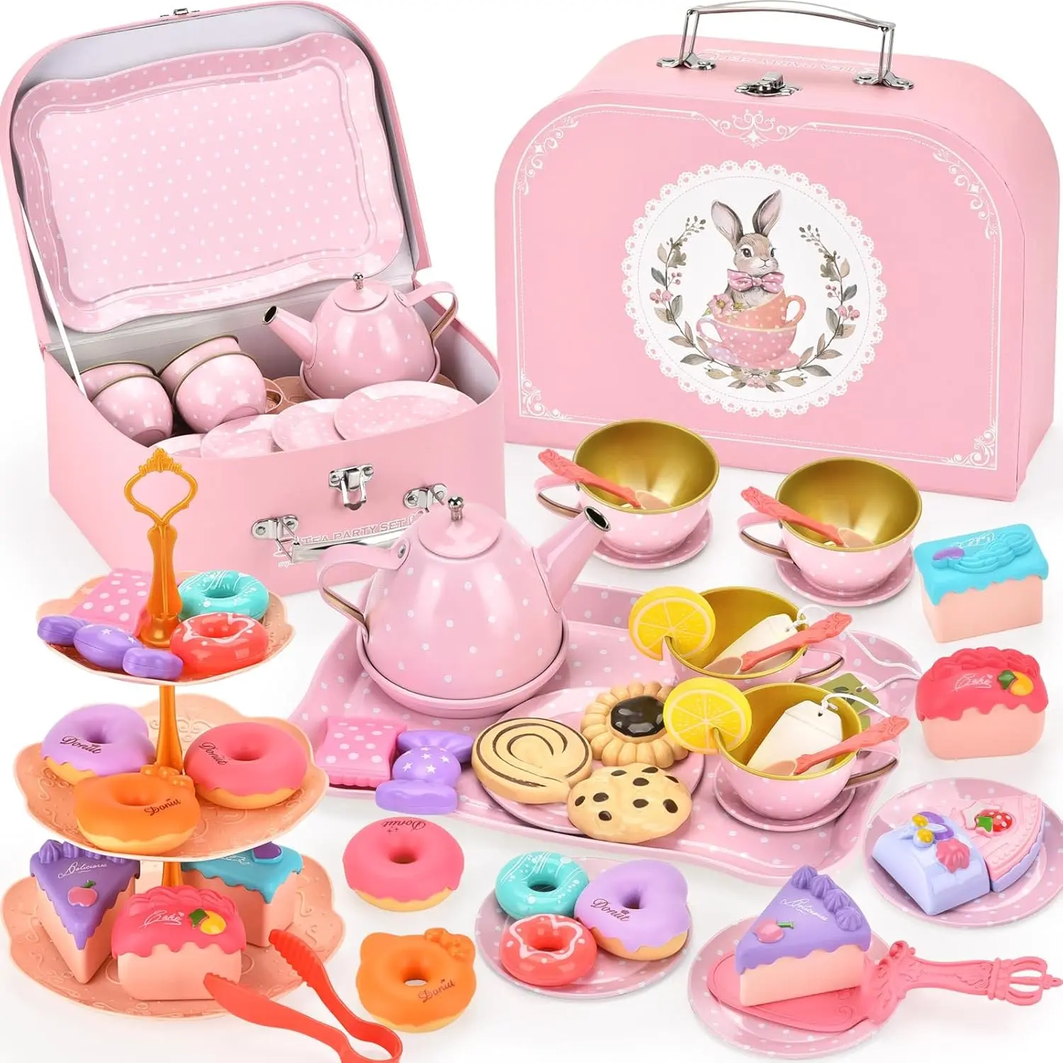 Z-MTS24 Princess Toddler Tea Party Set - Easter Birthday Gift, Pretend Kitchen Playset with Teapot, Cups, Plates, 1 Cake Spatula, 1 3-Tier Stand, 16 Desserts, Bunny-Themed Carrying Case for Kids Ages 3-8, 3 - 4 Years