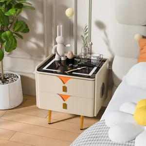 NaturaSmart Drawer - Two-patch Colour Dual-Drawer Smart Bedside Table with Mood Lighting & Wireless Charging Beige Design for Bedroom - Solid Wood Frame, RGB LEDs, Qi Charging, USB Ports, Tool-free Assembly, 3-color LED, Dual USB-A Ports