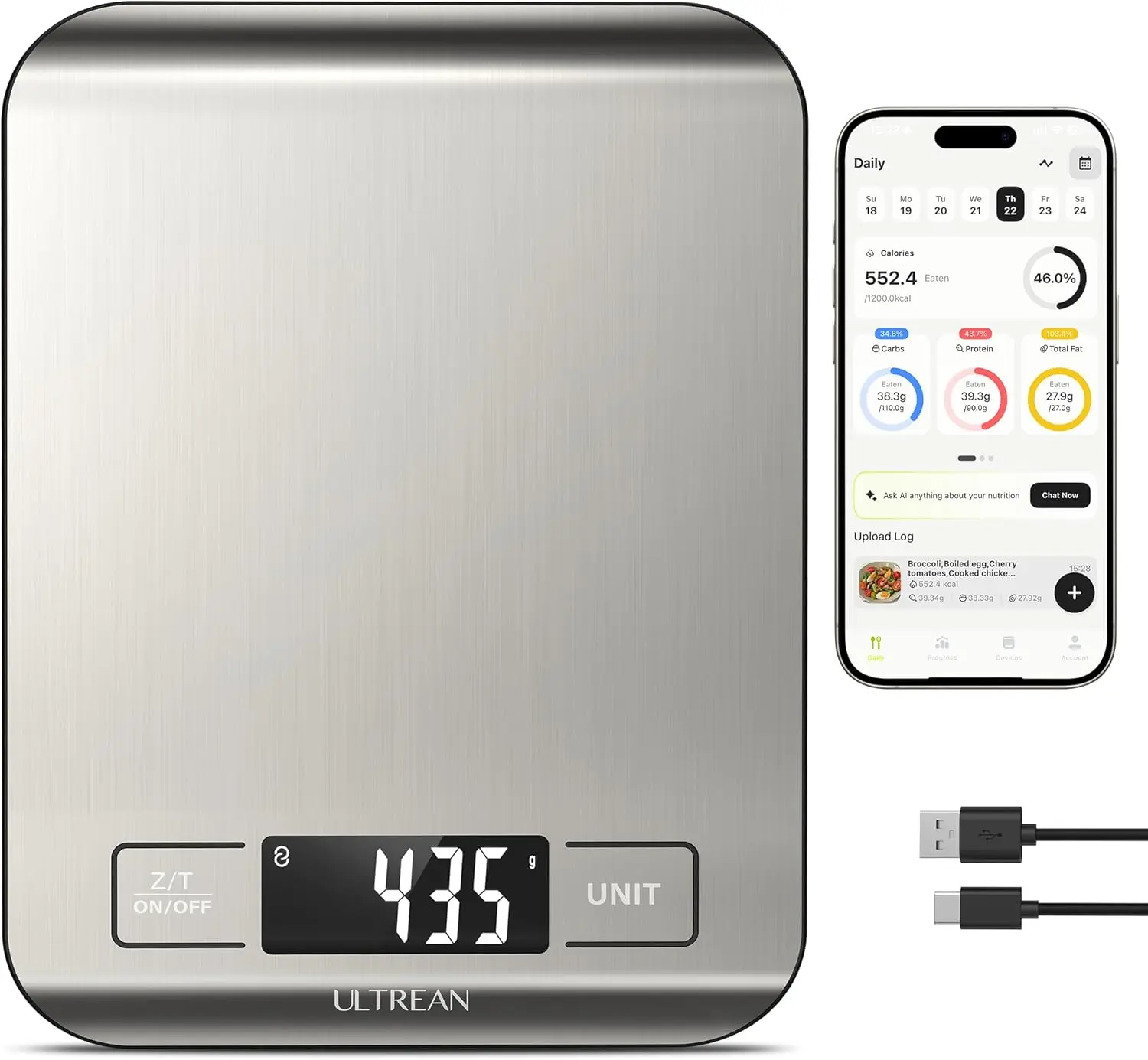 Ultrean Digital Kitchen Food Scale, App Connected, AI Food Scan, Stainless Steel, Rechargeable, 33 lb / 15 kg
