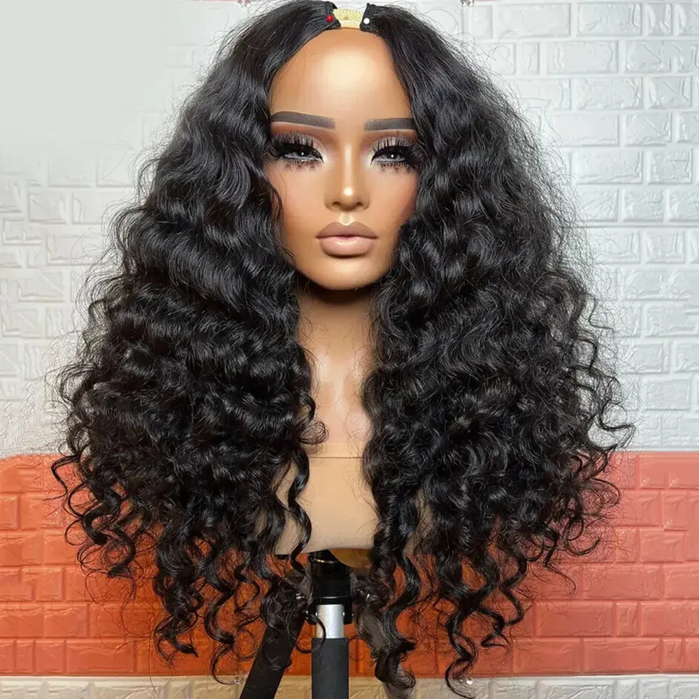 [V Part Wig] MYLOCKME Hair Deep Wave V Part Wig Human Hair Upgrade Glueless Wigs Real Human Hair U part Half Wigs With Clip in V Part Wig Glueless With Elastic Drawstring Deep Curly Human Hair Beginner Friendly