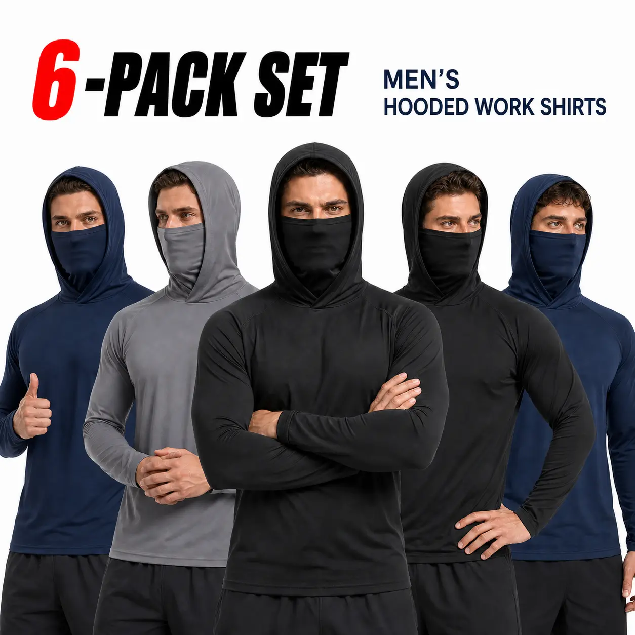 Men’s 6-Pack Hooded Work Shirts with Built-in Face Cover, Breathable Lightweight Long-Sleeve Quick-Dry Performance Tops for Outdoor Work, Construction, Breatheable,back to school,back to school shopping
