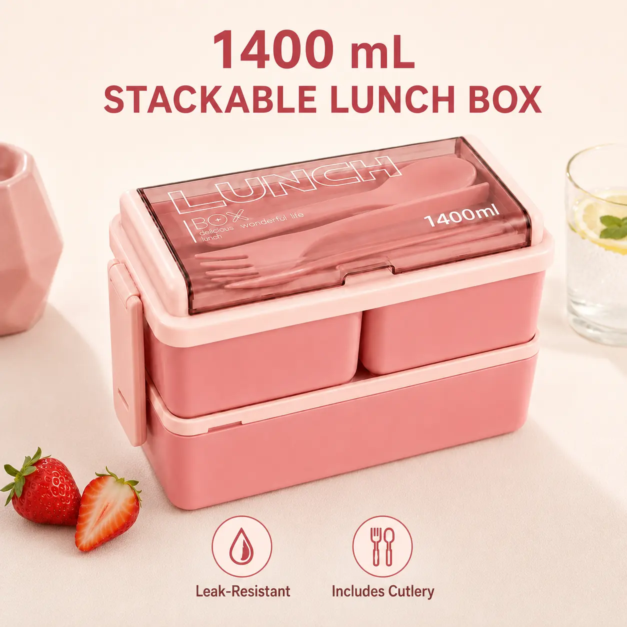MIUVA Bento Box Adult Lunch Box, 1400ml 2-Layer Stackable lunchable food storage Container with 3 Compartments, Spoon & Fork, Microwave Dishwasher Freezer Safe Meal Prep Box tableware for Work, Middleschool,School, Picnic, Pink