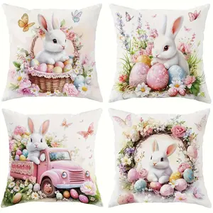 4pcs, Easter Pink Themed Throw Pillow Covers, Rabbit & Colorful Egg Designs, Bunny, Home Décor Products, Cushion Cover Decoration for Couch Sofa, Room Decor and Bedroom Decor, Suitable for Spring Decoration, Single Sided Printing, No Pillow Core