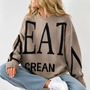 Unisex "EAT CREAM" Knit Sweater, Loose-Fit Jacquard Pullover with Round Neck, Long Sleeve Top for Casual Autumn Layering, Knitting