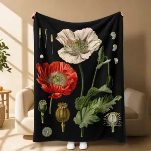 Vintage Botanical Poppy Blanket Antique Floral Throw Cottagecore Blanket Gift for Nature Lovers, Plant Parent Couch Bed Sofa Soft Lightweight Warm Cozy Flannel Bed Blanket Microfiber Furry floral blanket Thin-style air conditioning blanket