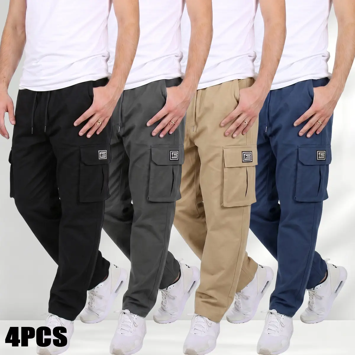 Men's Preppy Cargo Pants, Vintage Style with Letter Patches and Multiple Pockets for Casual Wear