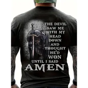 Christian Knight Warrior Graphic Tee, The Devil Saw Me Amen Quote Shirt, Vintage Faith Inspired Black Oversized T-Shirt