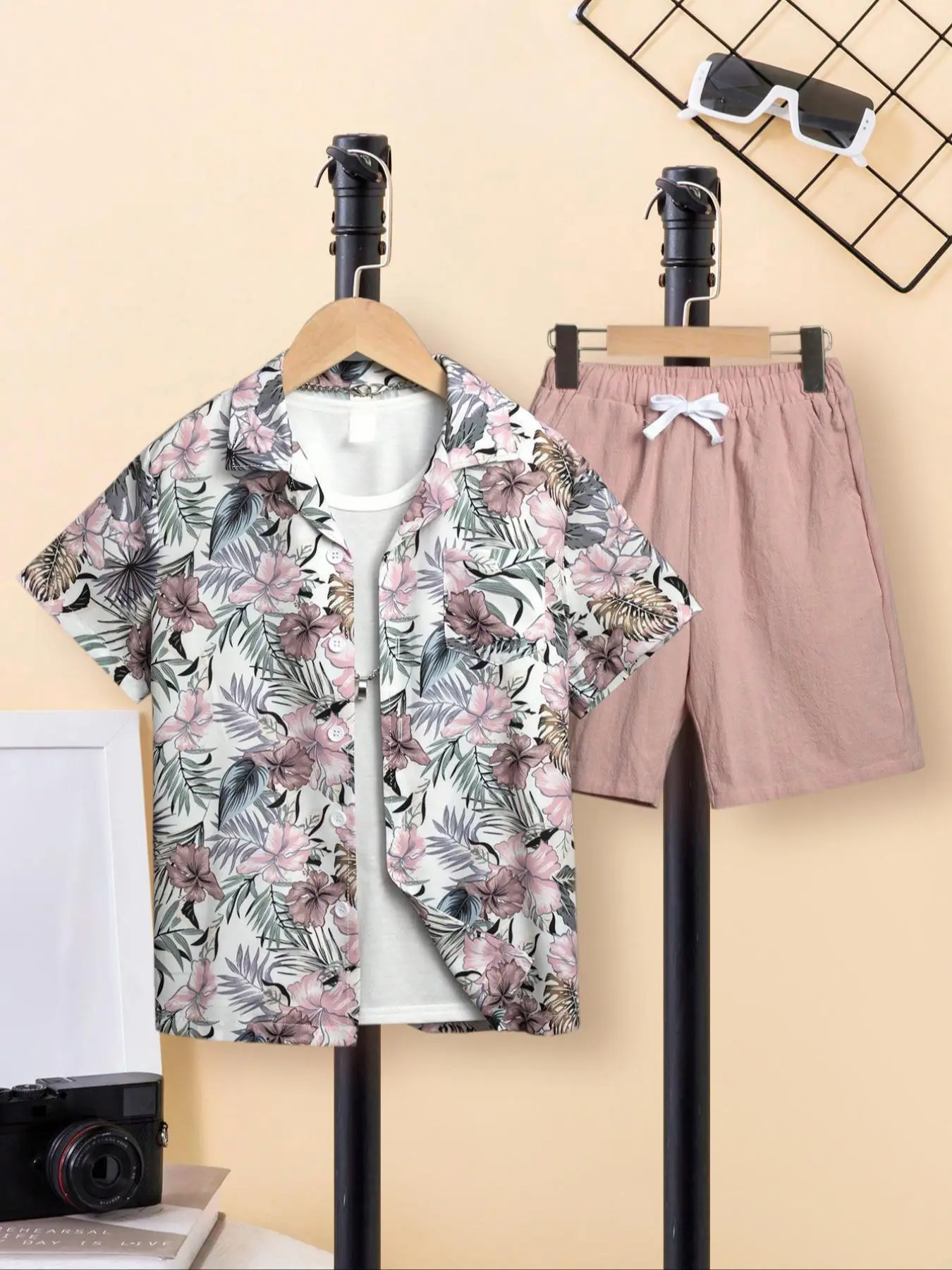 Two-piece Set Boy's Plants Print Shirt & Shorts Set, Casual Short Sleeve Collared Top & Shorts for Summer, Kids Clothes for Daily Wear, Cute Clothes S