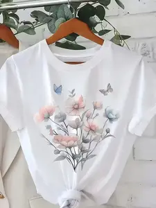 Women'S Watercolor Floral Butterfly Short Sleeve T-Shirt| Chic Crew Neck, Floral Gradient Print, Versatile Daily Commute Top