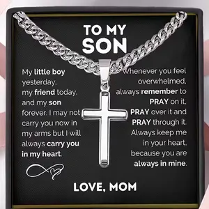 1pc "to My Son" Stainless Steel  Cross Pendant Necklace,Birthday Gift, Festival Gift,with Card and Gift Box Packaging, the Perfect Gift for Loved Ones