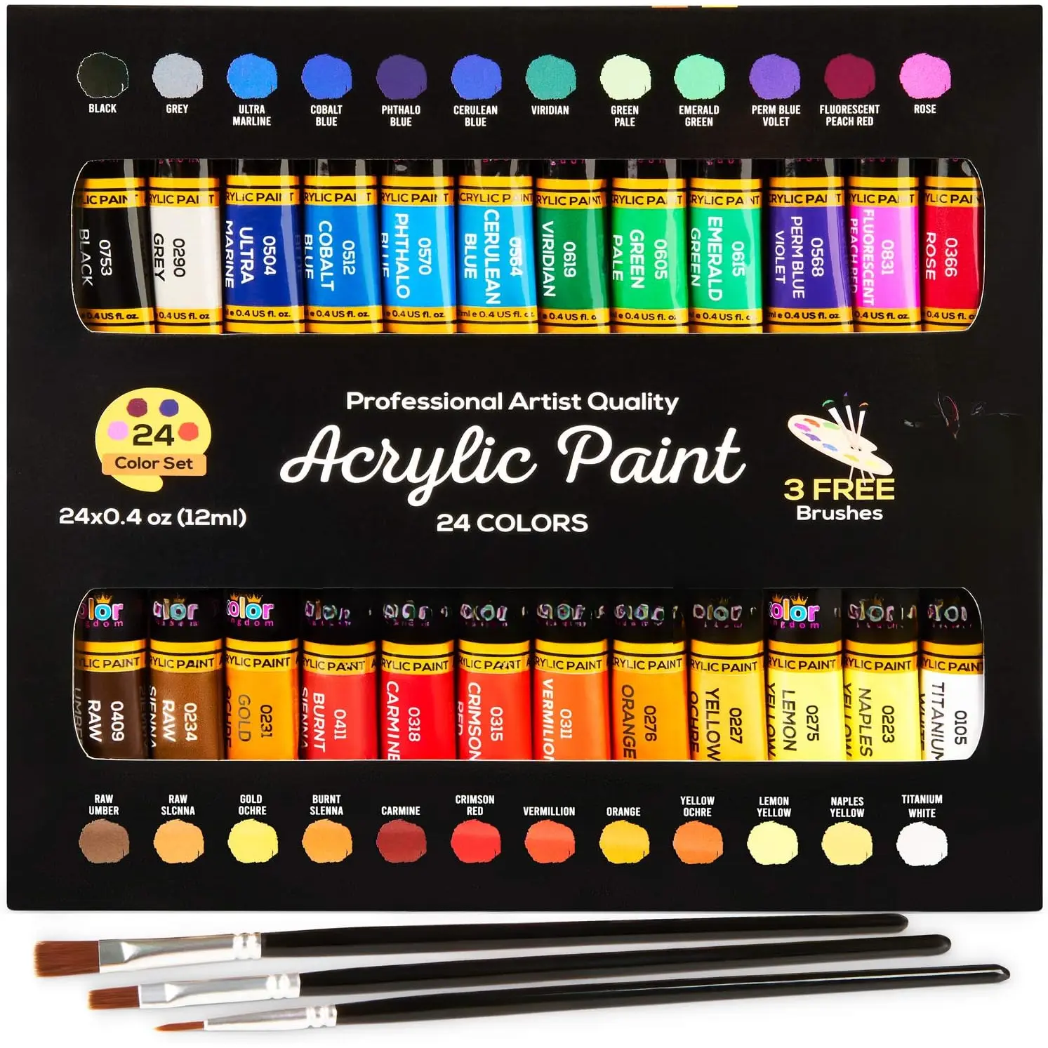 Set Canvas Art Paints 24 Colors   Finish (0.41oz,12 ml) With 3 Brushes - Painting Canvas, Paper, , Rock, MDF, Ceramic & Fabric