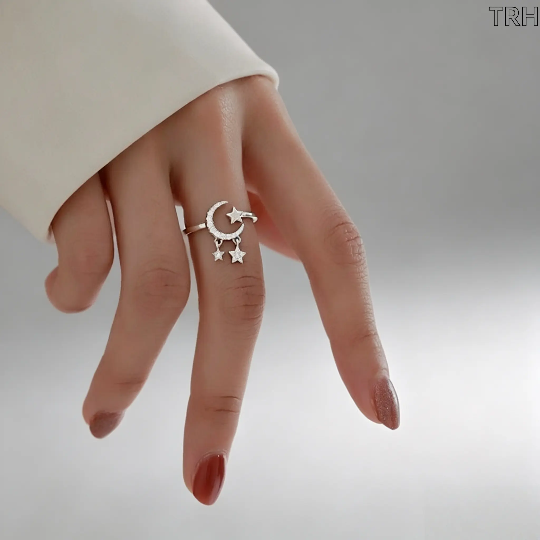 Moon Star Cubic Zirconia Open Ring, Adjustable Dainty Silver Ring, Delicate Drop Charm Jewelry, Versatile Fashion Accessory for Women, Ideal Gift