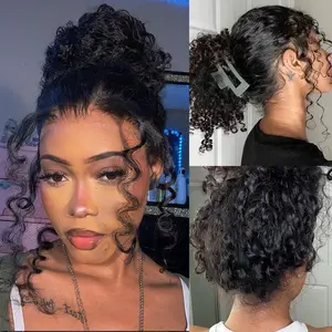 Hidden Strap Kinky curly Invisi-Drawstring Flexible Fit 360 Lace Frontal Glueless Wig Human Hair Pre Plucked Pre Bleached 180% Density Wet and Wavy 360 Full Lace Front Wigs