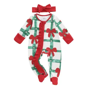 Newborn Baby Girl Christmas Bow Print Zipper Footie Pajamas Romper Ruffle Long Sleeve Bodysuit Jumpsuit Xmas Outfit