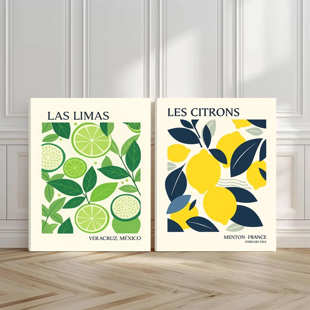 2pcs Citrus Fruits Wall Art, Green Leaves Poster, Mexican Flavor Art Prints, French Style Home Decor, Modern Wall Paintings, Minimalist Canvas Posters Wall Arts, Decor for Living Room, Restaurant, Kitchen, Bedroom, Housewarming Gift, With Frame