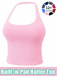 Women's Solid Removable Chest Pad Sports TankTop, Casual Comfort and Durability Halter NeckSports Top for Yoga Gym Workout, Ladies Sportswearfor All Seasons Gym Workout Tops, Gym Exercise Activewear