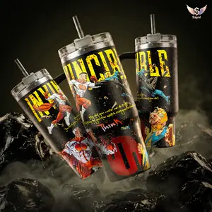 Omni-Man Vs Mark Grayson Invincible Think 40 oz Vacuum Insulated Tumbler with Handle Straw Fight Graphic, Keeps Drinks Hot/Cold 12H+ 18/8 Stainless Steel Travel Mug for Comic Fans Superhero Lovers Dark Aesthetic Merch Gift