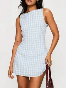 ZACHARY Women's Mini Dress Y2K Vintage Preppy Gingham Plaid Sleeveless Boat Neck Tie Back Bow Textured Short Dress Summer Casual Daily Vacation Going Out Wear