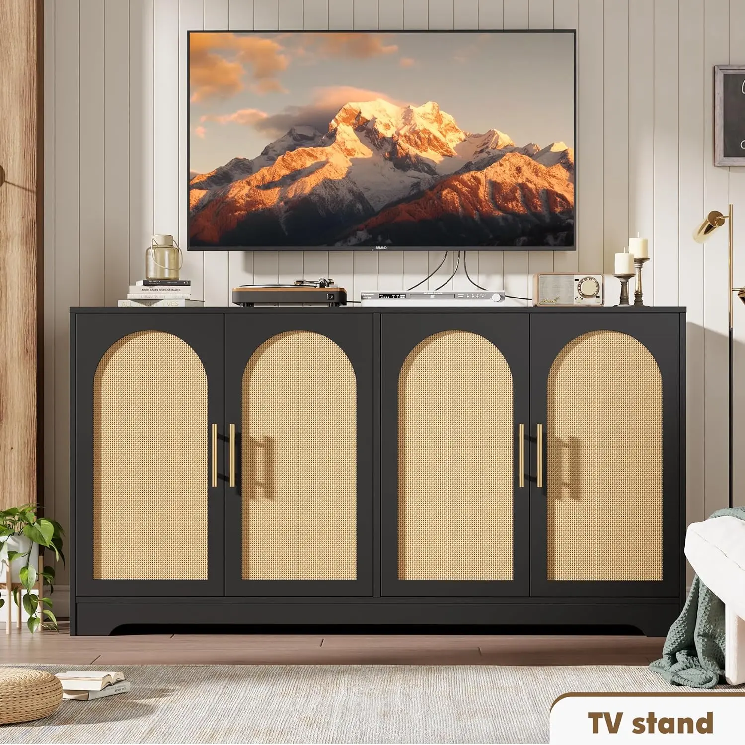 59" W Luxury Modern Decorative Metal Sideboard Buffet Cabinet - Easy-Install Handle Sideboard with 4 Rattan Doors, Large Capacity Storage Console Table for Living Room, Kitchen, Dining Room, Black, Decorative Metal Sideboards, Easy-Install Sideboards