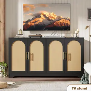 59" W Sideboard Buffet Cabinet- with 4 Rattan Doors, Large Storage Console Table & Modern Accent Coffee Bar Cabinet for Living Room, Kitchen, Hallway, Dining Room, Entryway, Black