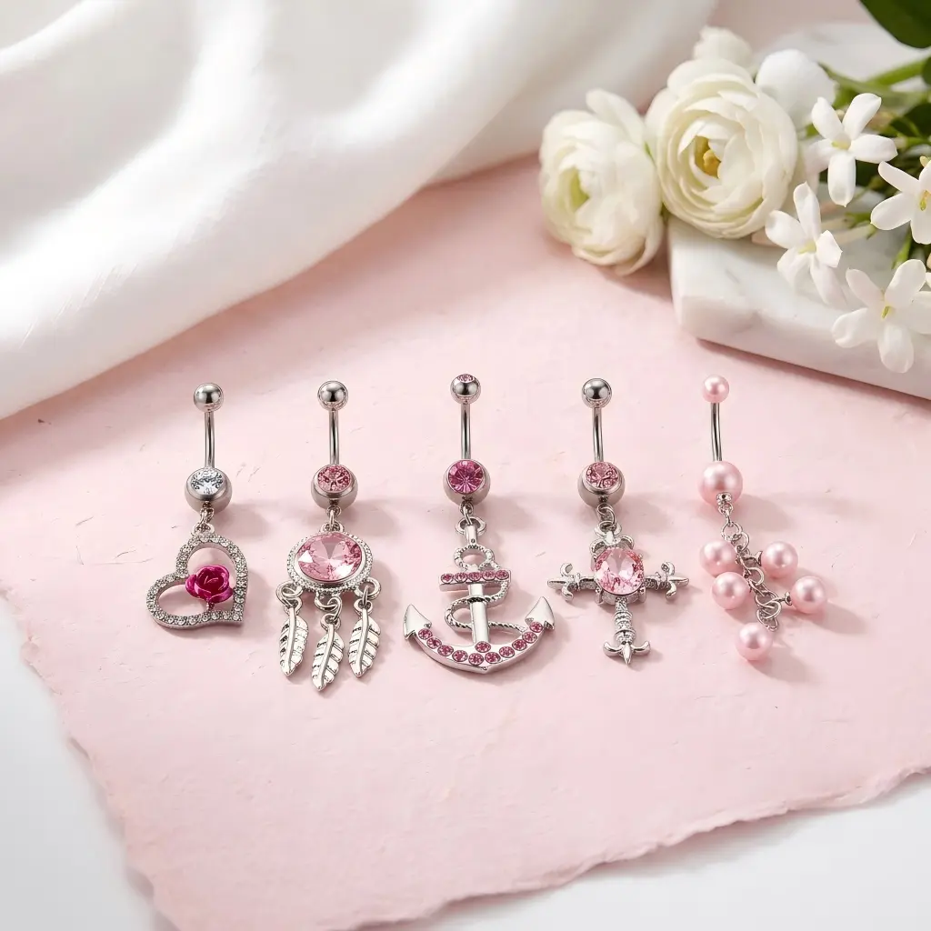 Pink Belly Button Rings 14G Dangle Navel Rings 5PCs/set Stainless Steel Silver Belly Button Rings Dangling CZ Belly Rings for Women Silver Rose Flower