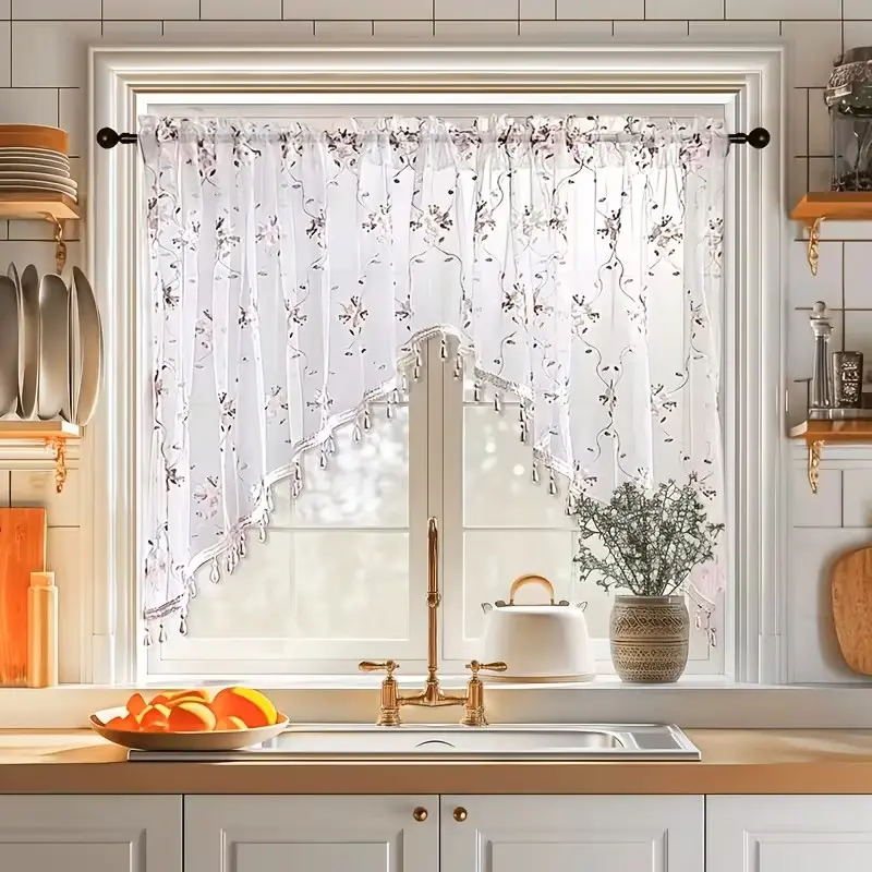 1 Panel, French Country Floral Embroidered Lace Sheer Curtain, Home Decorative Curtain, Farmhouse Kitchen Curtain with Rod Pocket Design, Suitable for Kitchen, Living Room, Bedroom and Commercial Places, Home Decoration, Curtain Valance