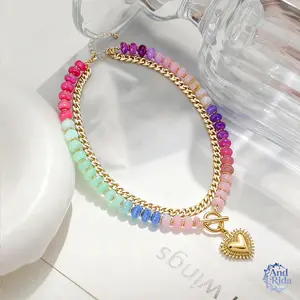 Dopamine Colorful Beaded Necklace Ethnic-Style Collarbone Chain with Stackable Heart Pendant for Stylish Looks and Versatile Jewelry